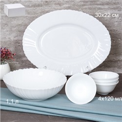 Набор посуды 6 предметов салатник 1,1 л, овальное блюдо 30x22 см и розетки 4x120 мл / 6/84120 (WHITE) /уп 8/ белая коробка АКЦИЯ