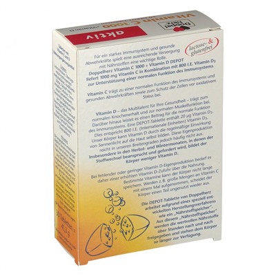 Doppelherz aktiv Vitamin C 1000 + Vitamin D Depot, Доппельхерц Витамин С 1000+Витамин Д3 800ед, 30шт