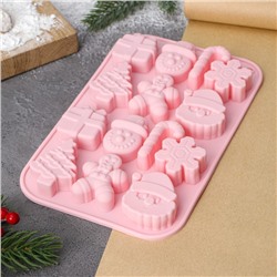 Форма для выпечки Доляна «Новогодние подарки», силикон, 20×12,7×1,7 см, 14 ячеек, цвет розовый