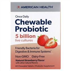 American Health, Один раз в день жевательный пробиотик, натуральная клубника, 5 млрд КОЕ, 60 жевательных таблеток