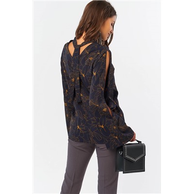 Блузка прямая с широким рукавом с цветочным принтом на темно-синем