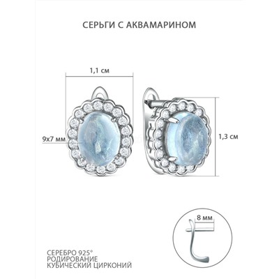 Кольцо из серебра c голубым аквамарином и кубическим цирконием родированное