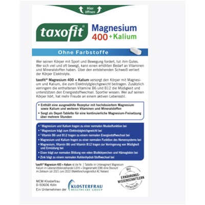 taxofit Magnesium 400 + Kalium Tabletten 30 St,  Биологически активная добавка Magnesium + Kalium, 30 штук