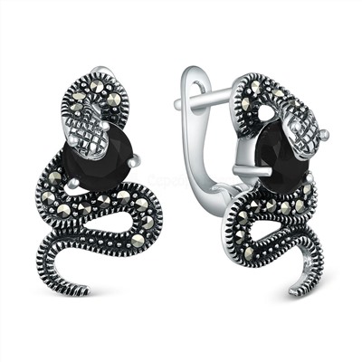 Кольцо змея из чернёного серебра с плавленым кварцем цвета чёрный и марказитами GAR3130ч