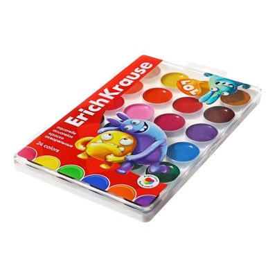 Акварель 24 цвета ErichKrause "Jolly Friends", матовые насыщенные цвета, пластиковая коробка с европодвесом