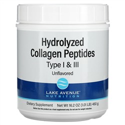 Lake Avenue Nutrition, гидролизованные пептиды коллагена типов I и III, с нейтральным вкусом, 460 г (1,01 фунта)