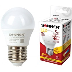 Лампа светодиодная SONNEN, 5 (40) Вт, цоколь E27, шар, теплый белый свет, 30000 ч, LED G45-5W-2700-E27