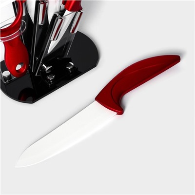 Набор кухонный на подставке «Изгиб», 4 предмета: 3 ножа, овощечистка, + нож в подарок, цвет красный
