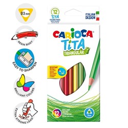 Карандаши 12 цветов Carioca Tita, яркий ударопрочный грифель 3.0 мм, трехгранные, пластиковые, картон, европодвес