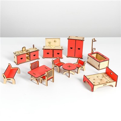 Сборная игрушка Домик «Усадьба Милана» красный с мебелью