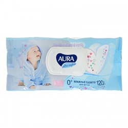 Влажные салфетки для детей Aura с экстрактом алоэ и витамином E с крышкой, 120 шт