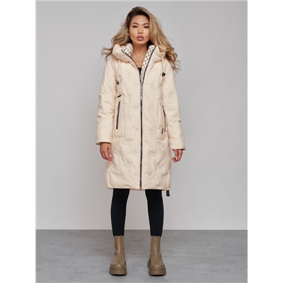 Пальто утепленное молодежное зимнее женское бежевого цвета 59121B