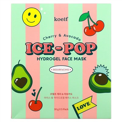 Koelf, Гидрогелевая маска для лица Ice-Pop, с вишней и авокадо, 5 шт., 30 г