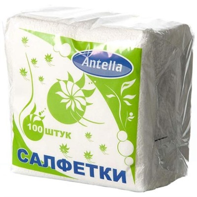 Салфетки бумажные Antella (Антелла), 1-слойные, цвет белый, 24х24 см, 100 шт