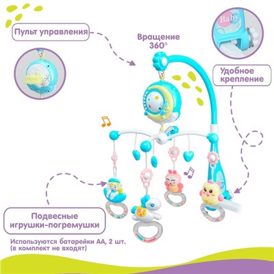 Мобиль музыкальный на кроватку «Месяц», работает от батареек, проектор + пульт