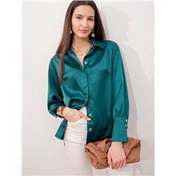 Блузка из плотного полуматового сатина с удлиненным манжетом зеленый